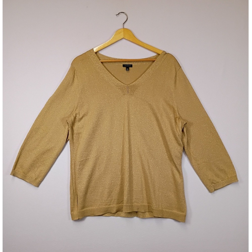 Festive Glam Talbots Womens XL Gold Metallic V-Neck 3/4 Sleeve Shimmer Sweater